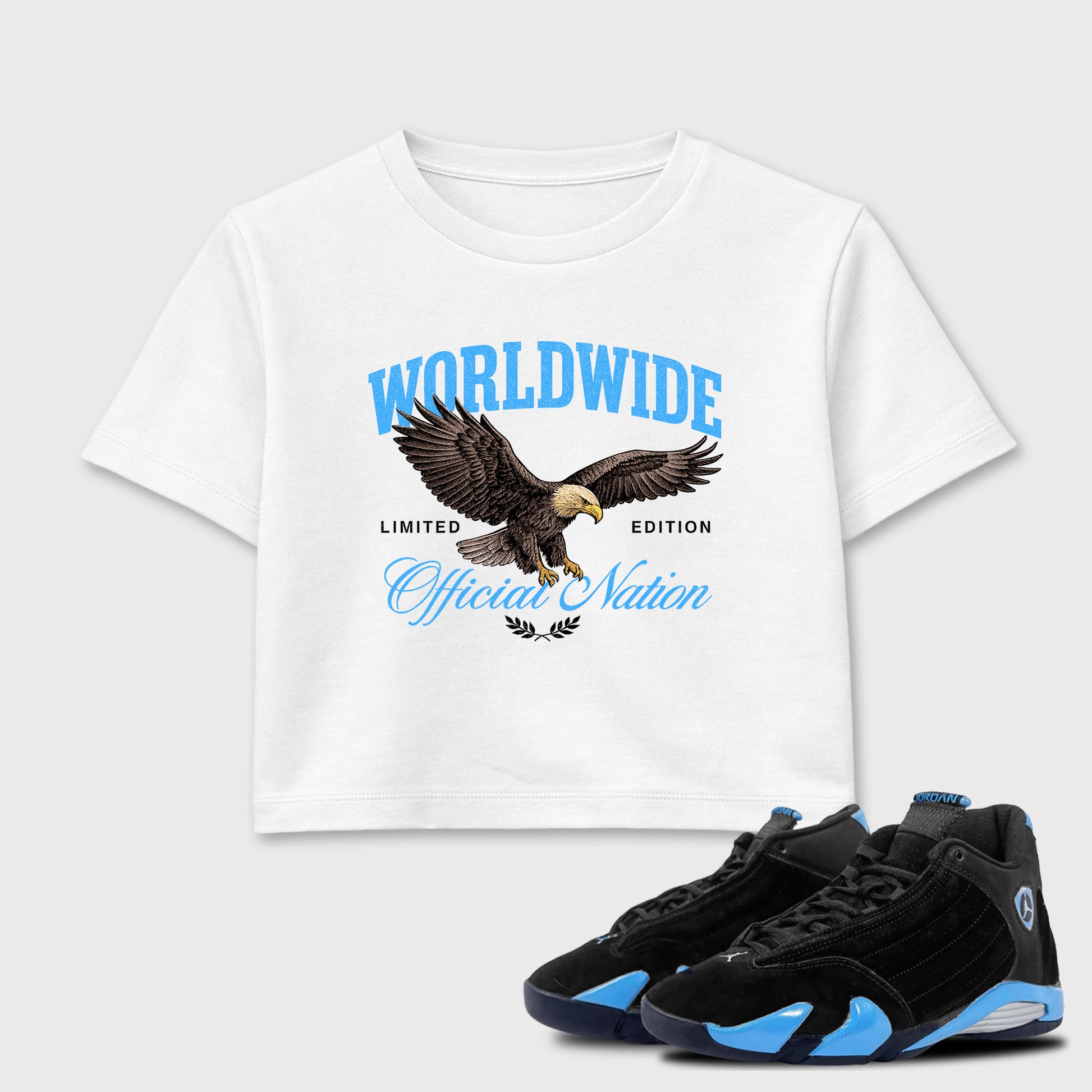 Sneaker match tees – Sneaker Tees To Match Air Jordan 14 University Blue Shoes – Worldwide Official Nation Crop T-Shirt White 1