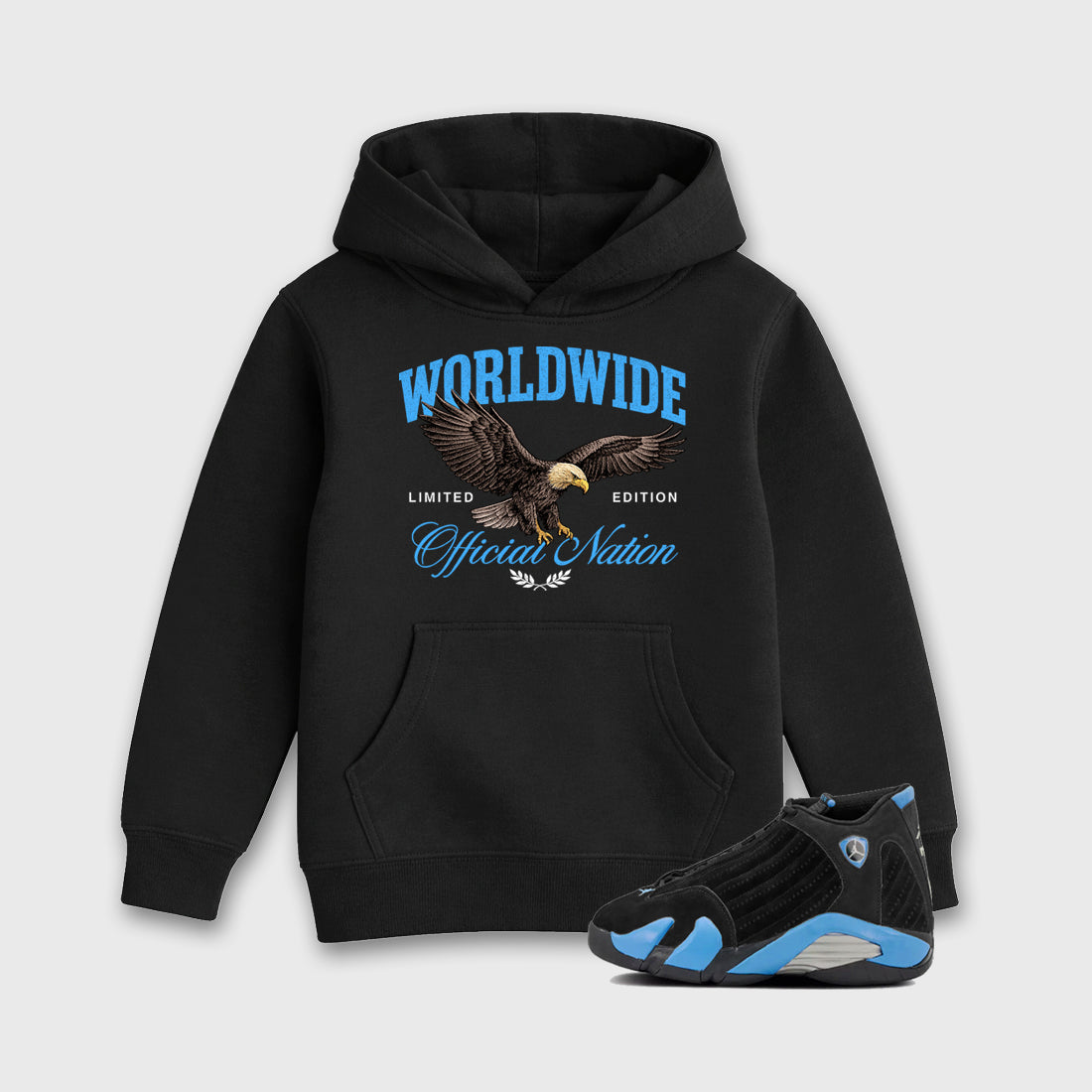 Sneaker match tees – Sneaker Tees To Match Air Jordan 14 University Blue Shoes – Worldwide Official Nation Kids T-Shirt Black 1