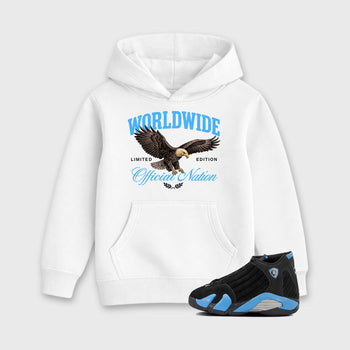 Sneaker match tees – Sneaker Tees To Match Air Jordan 14 University Blue Shoes – Worldwide Official Nation Kids T-Shirt White 1