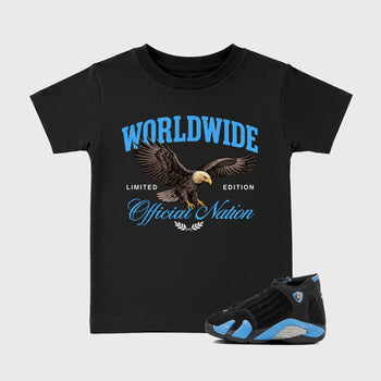Sneaker match tees – Sneaker Tees To Match Air Jordan 14 University Blue Shoes – Worldwide Official Nation Kids T-Shirt Black 1