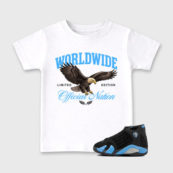 Sneaker match tees – Sneaker Tees To Match Air Jordan 14 University Blue Shoes – Worldwide Official Nation Kids T-Shirt White 1