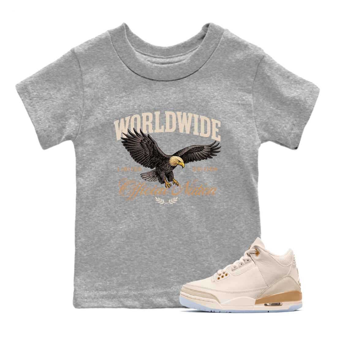 Best Christmas gifts for sneakerheads  – Sneaker Tees To Match Air Jordan 3 Champagne and Oysters Sneakers – Worldwide Official Nation Kids T-Shirt Heather Grey 1