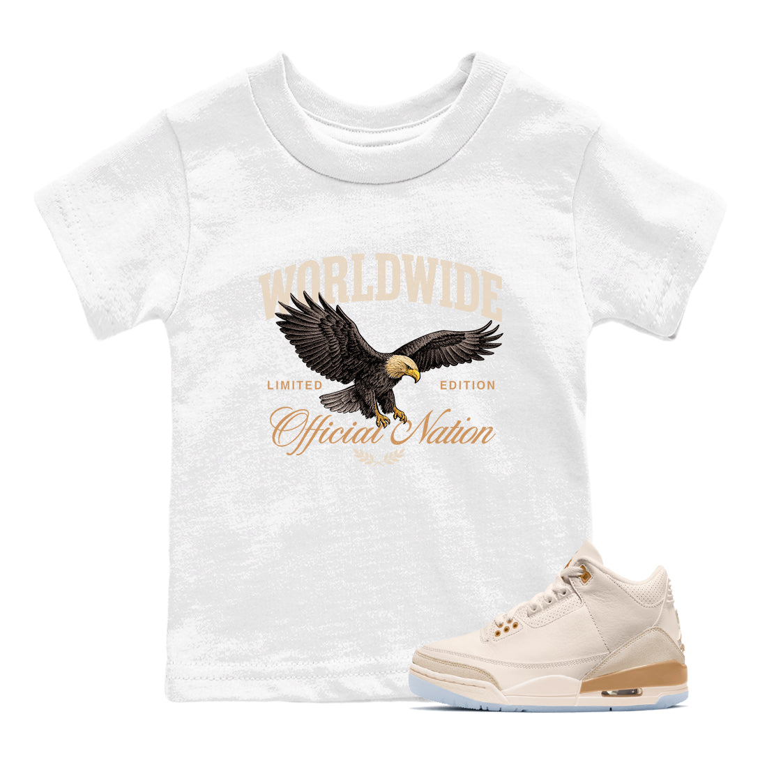 Best Christmas gifts for sneakerheads  – Sneaker Tees To Match Air Jordan 3 Champagne and Oysters Sneakers – Worldwide Official Nation Kids T-Shirt White 1