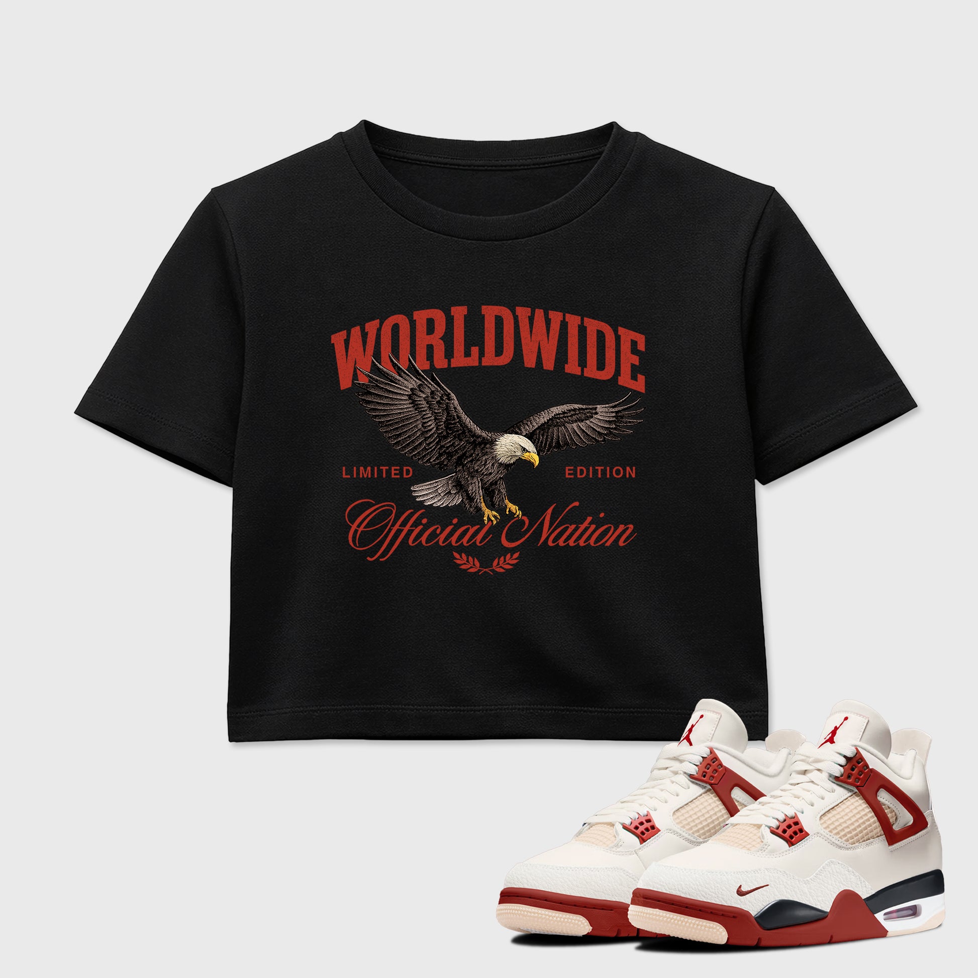 Worldwide Official Nation women’s crop tee designed to match the Air Jordan 4 Brick After Brick, featuring coordinated Black 1 options for a perfect streetwear vibe.