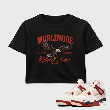 Worldwide Official Nation women’s crop tee designed to match the Air Jordan 4 Brick After Brick, featuring coordinated Black 1 options for a perfect streetwear vibe.