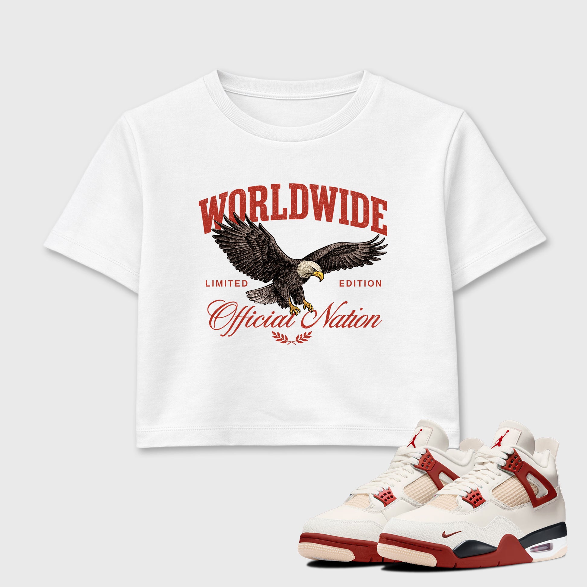 Worldwide Official Nation women’s crop tee designed to match the Air Jordan 4 Brick After Brick, featuring coordinated White 1 options for a perfect streetwear vibe.