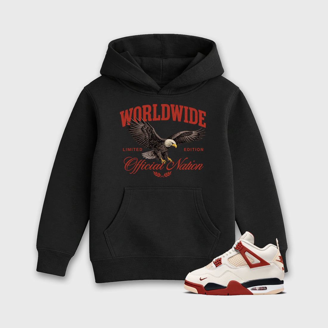 Worldwide Official Nation affordable baby and kids t-shirt designed to match the Air Jordan 4 Brick After Brick, featuring coordinated Black 1 options for the perfect little sneakerhead streetwear look.