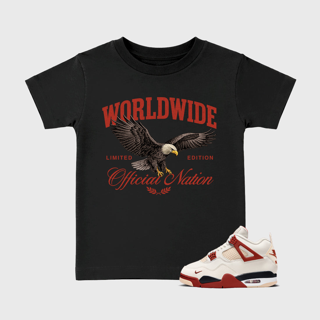 Worldwide Official Nation affordable baby and kids t-shirt designed to match the Air Jordan 4 Brick After Brick, featuring coordinated Black 1 options for the perfect little sneakerhead streetwear look.