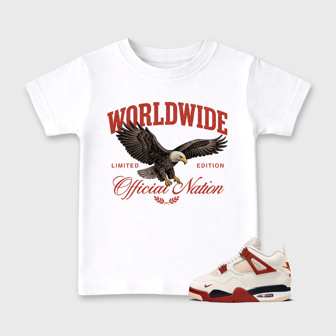 Worldwide Official Nation affordable baby and kids t-shirt designed to match the Air Jordan 4 Brick After Brick, featuring coordinated White 1 options for the perfect little sneakerhead streetwear look.