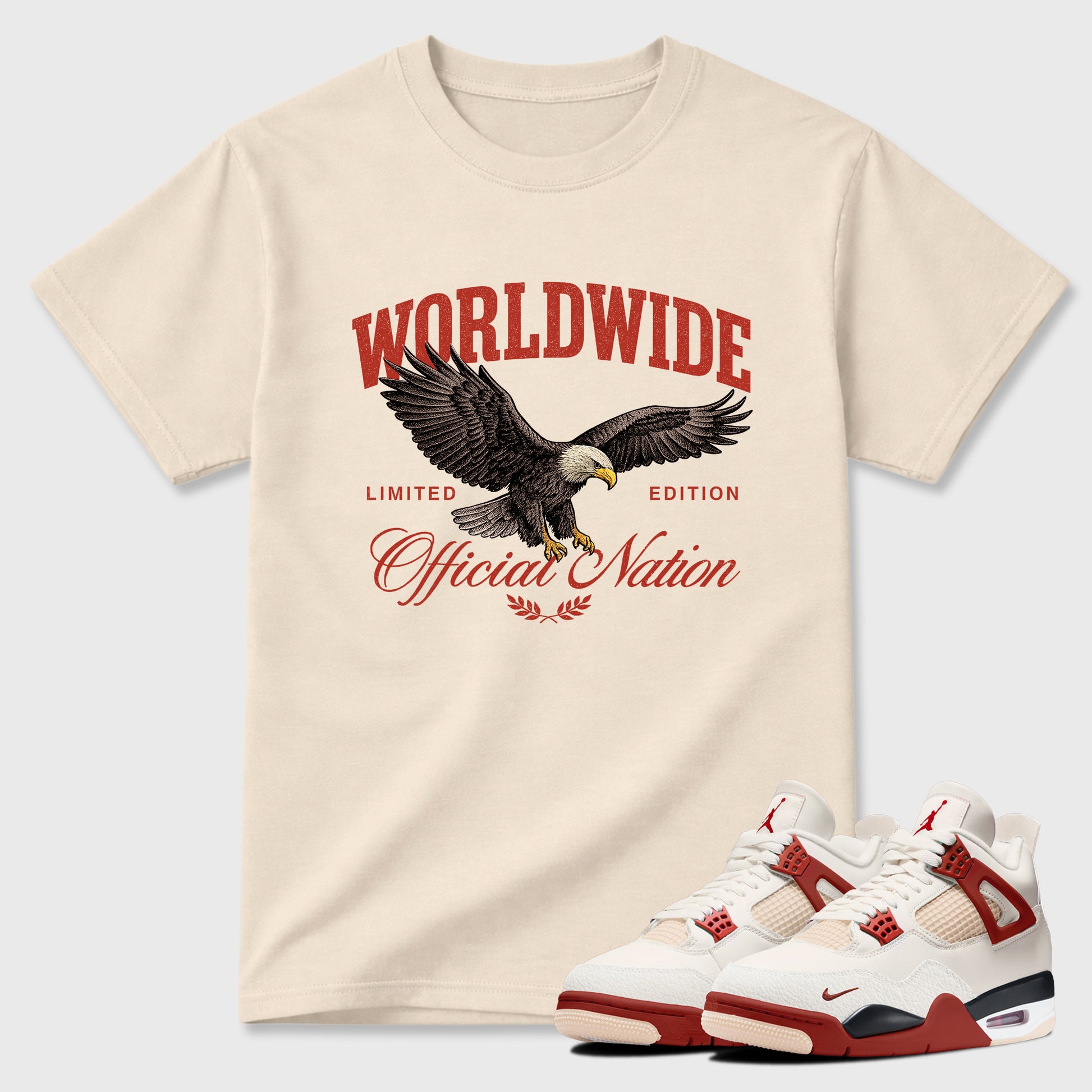 Worldwide Official Nation Graphic T-Shirt sneaker match tee designed for the Air Jordan 4 Brick After Brick, featuring coordinated color options for a perfect streetwear match. Natural 1 shirt.