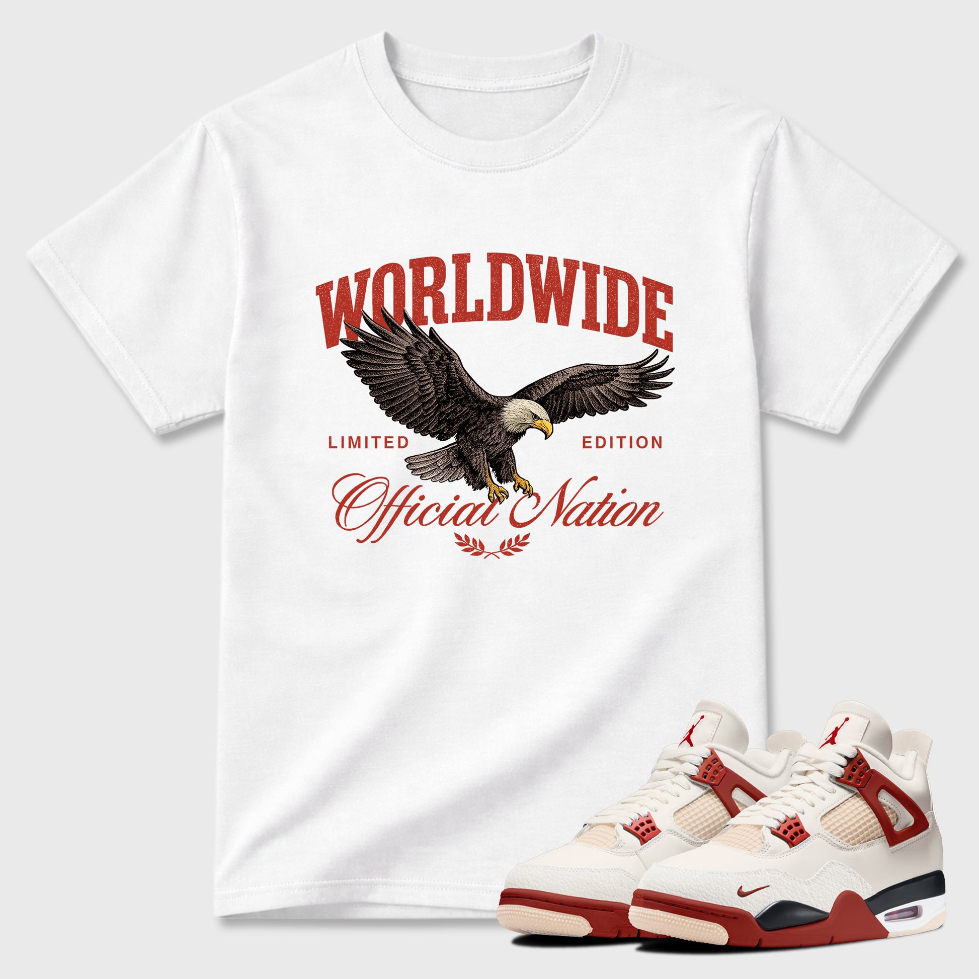 Worldwide Official Nation Graphic T-Shirt sneaker match tee designed for the Air Jordan 4 Brick After Brick, featuring coordinated color options for a perfect streetwear match. White 1 shirt.