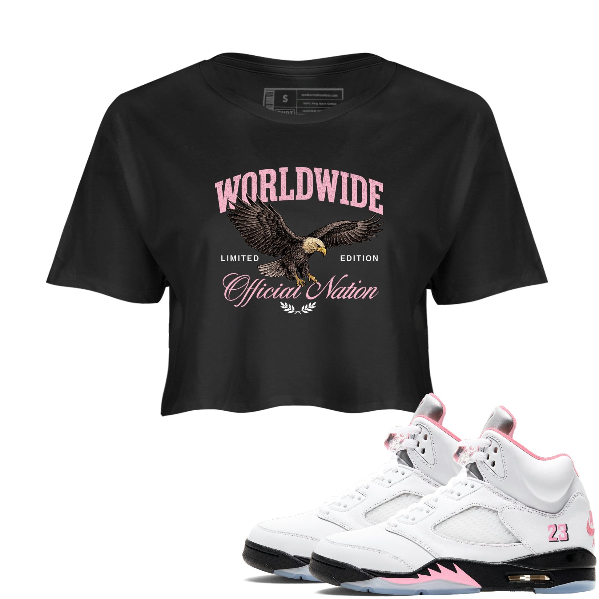 Sneaker match tees – Sneaker Tees To Match Air Jordan 5 Medium Soft Pink Shoes – Worldwide Official Nation Crop T-Shirt Black 1