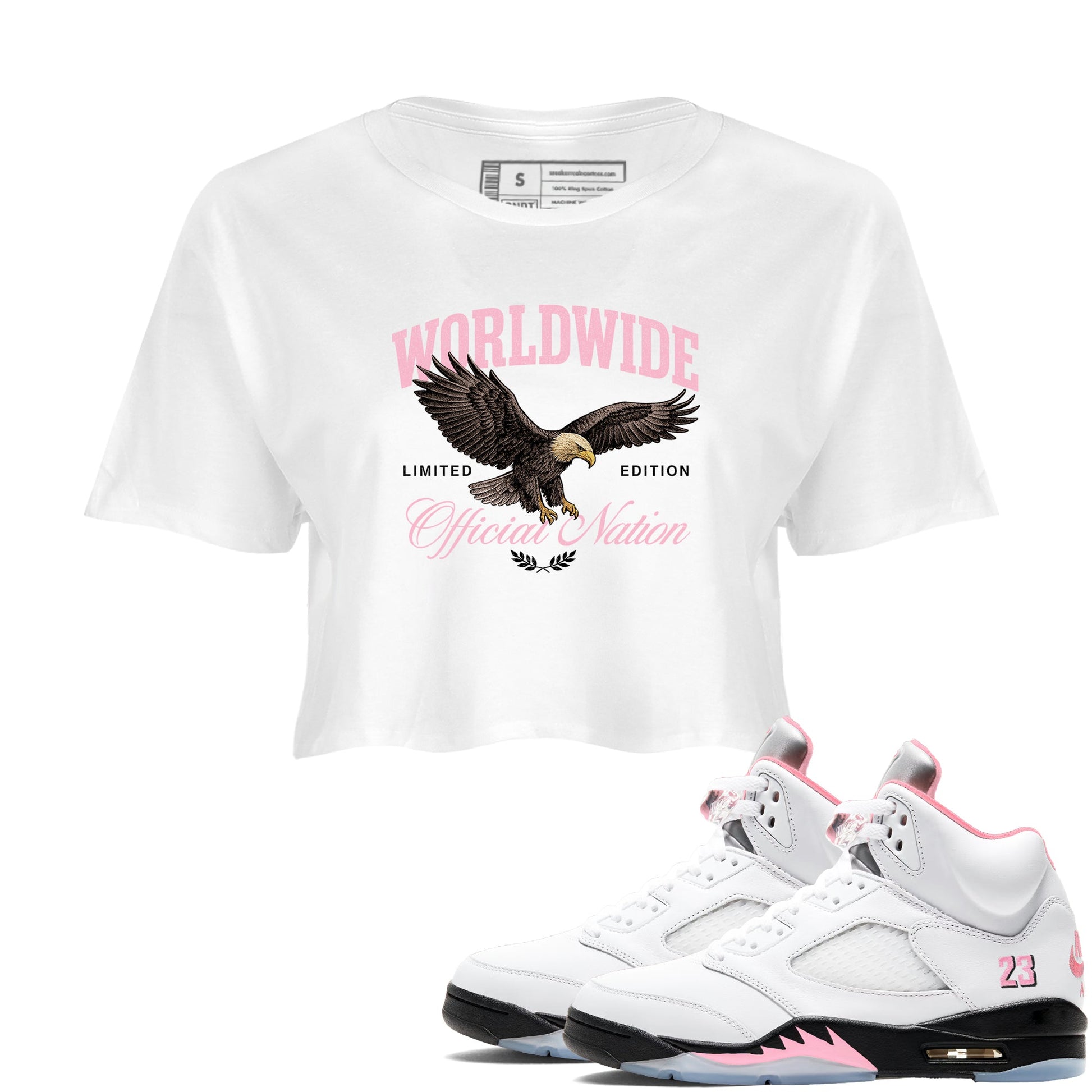 Sneaker match tees – Sneaker Tees To Match Air Jordan 5 Medium Soft Pink Shoes – Worldwide Official Nation Crop T-Shirt White 1