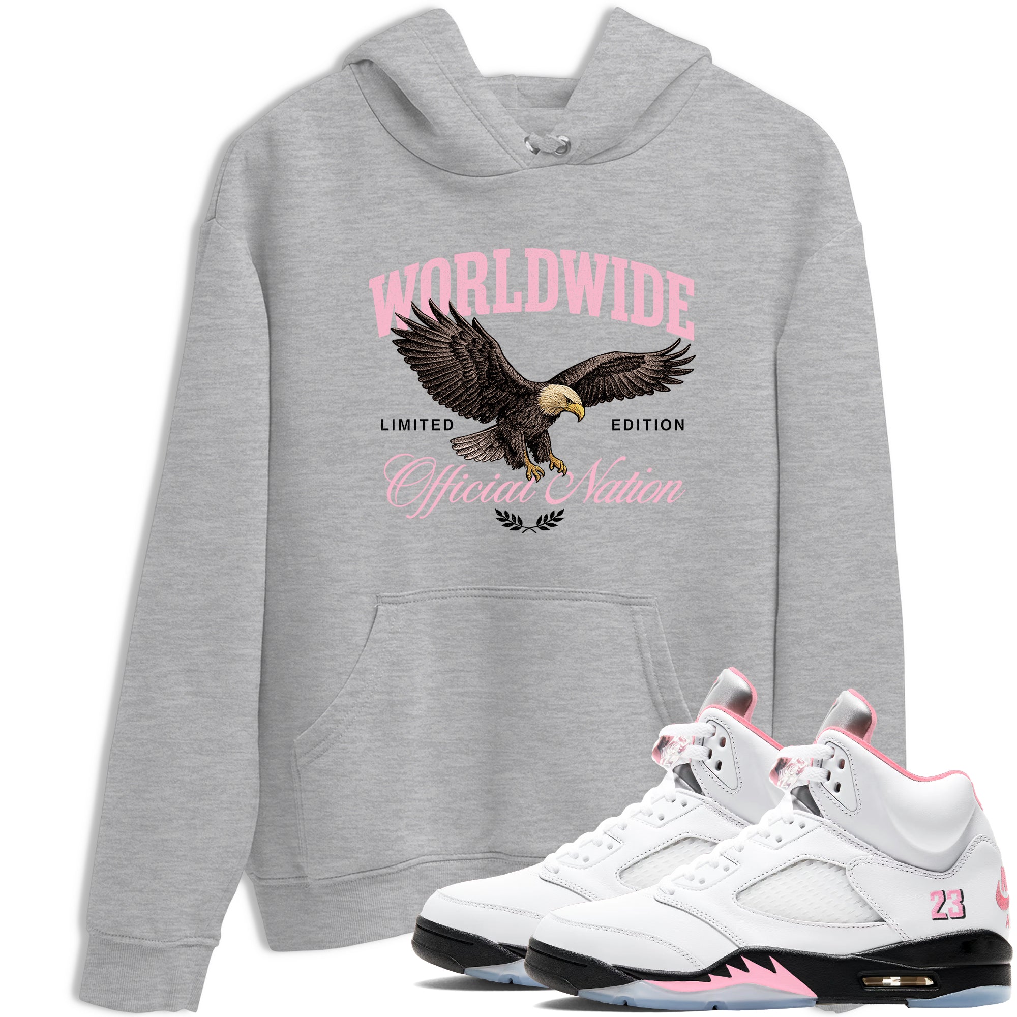 Sneaker match tees – Sneaker Tees To Match Air Jordan 5 Medium Soft Pink Shoes – Worldwide Official Nation Tee Heather Grey 1