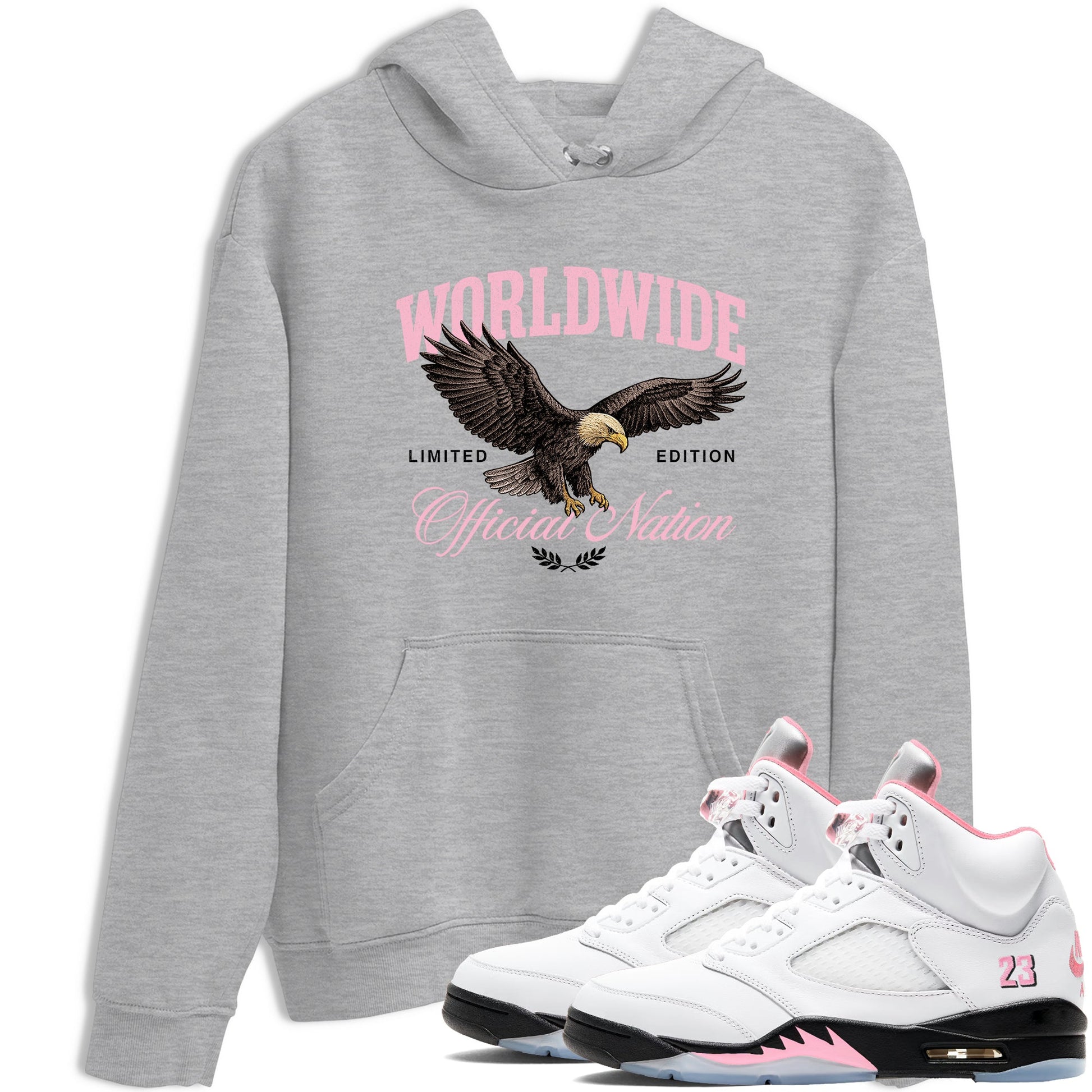 Sneaker match tees – Sneaker Tees To Match Air Jordan 5 Medium Soft Pink Shoes – Worldwide Official Nation Tee Heather Grey 1