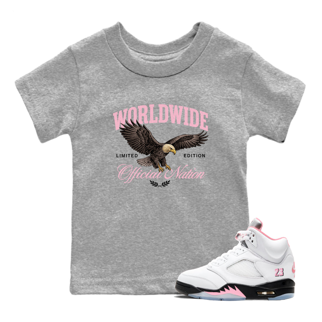 Best Sneaker Fit Sneaker Tees To Match Air Jordan 5 Medium Soft Pink Shoes breast cancer awareness Worldwide Official Nation Kids T-Shirt Heather Grey 1
