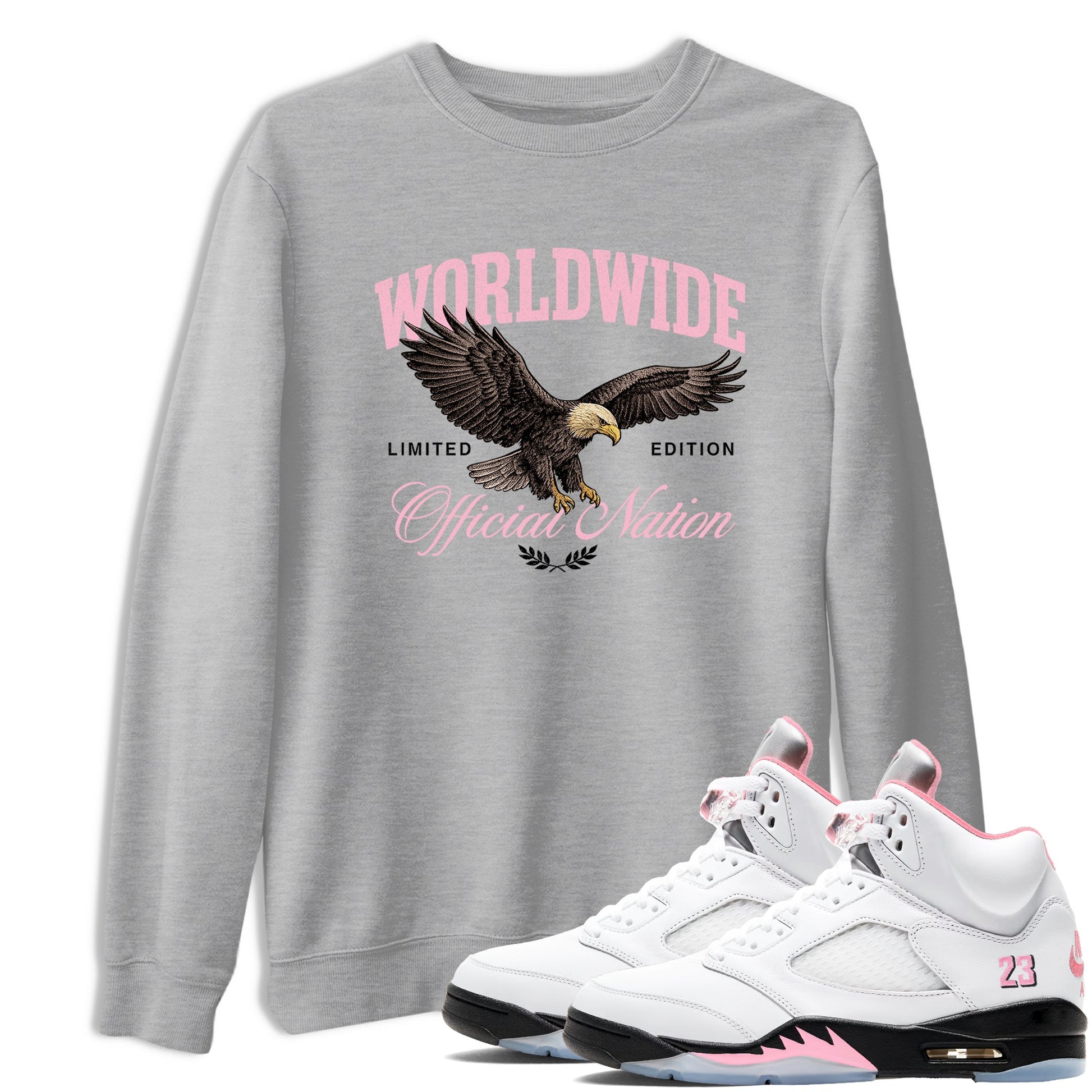 Sneaker match tees – Sneaker Tees To Match Air Jordan 5 Medium Soft Pink Shoes – Worldwide Official Nation Tee Heather Grey 1