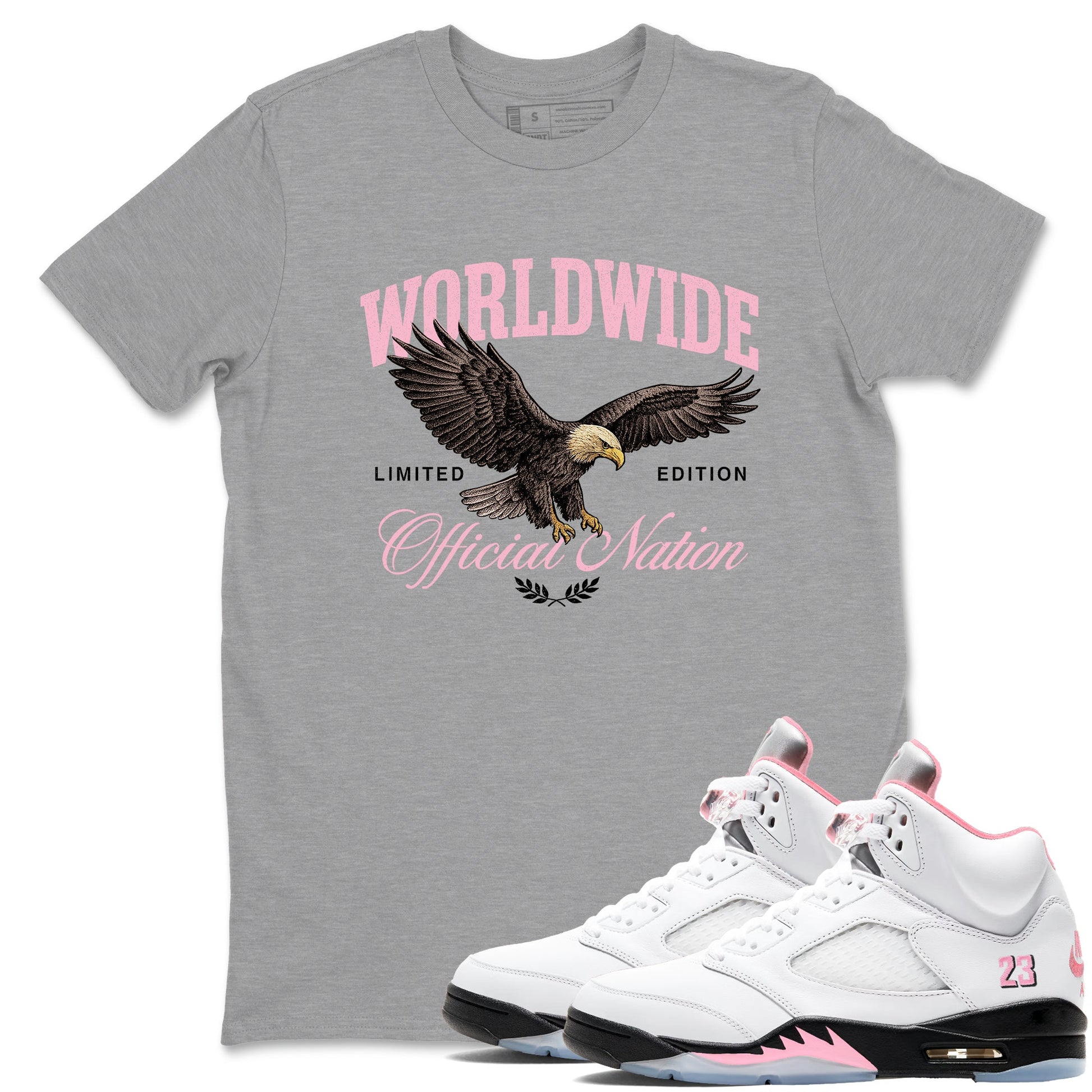 Sneaker match tees – Sneaker Tees To Match Air Jordan 5 Medium Soft Pink Shoes – Worldwide Official Nation Tee Heather Grey 1