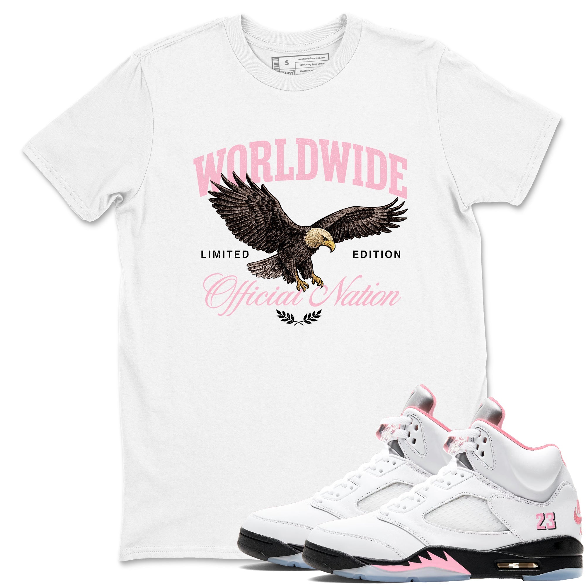Sneaker match tees – Sneaker Tees To Match Air Jordan 5 Medium Soft Pink Shoes – Worldwide Official Nation Tee White 1