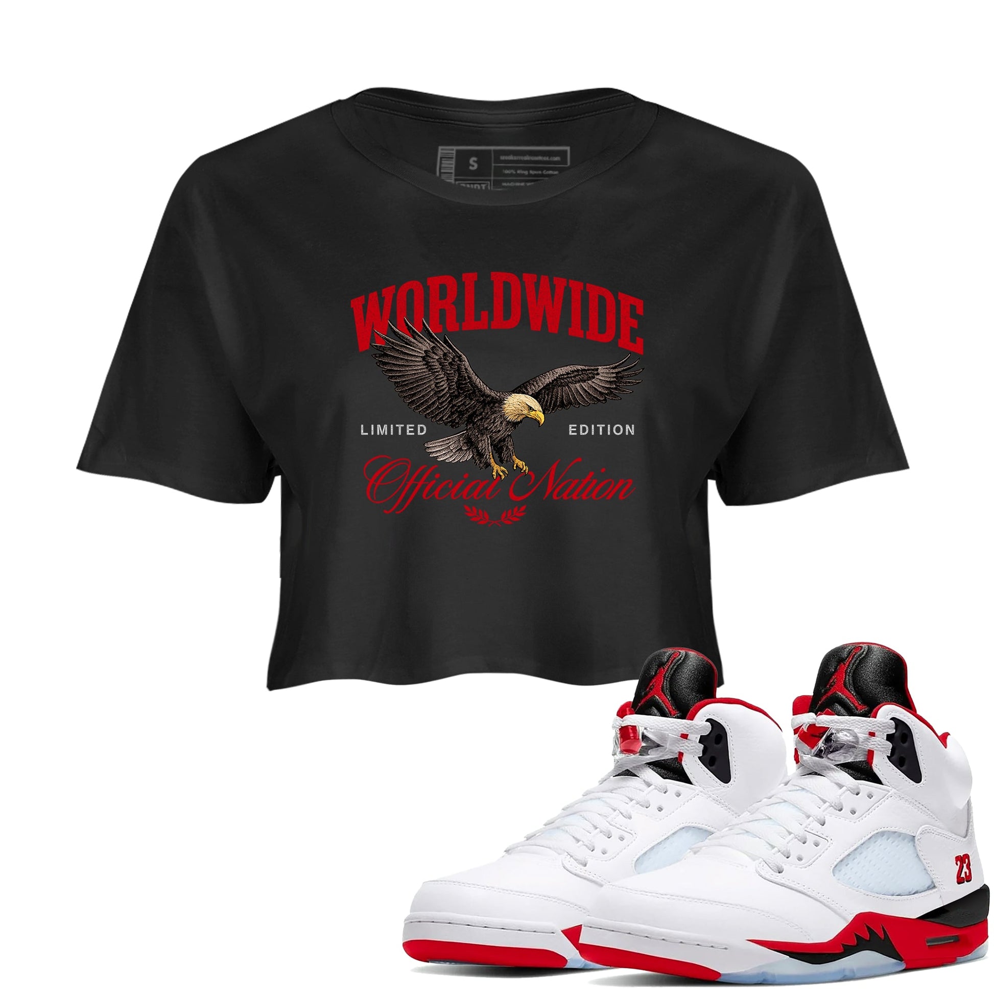 5s Fire Red Sneaker match tees – Sneaker Tees To Match Jordan 5 Retro Fire Red Sneakers – Worldwide Official Nation Crop Graphic T-Shirt Black 1