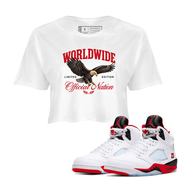 5s Fire Red Sneaker match tees – Sneaker Tees To Match Jordan 5 Retro Fire Red Sneakers – Worldwide Official Nation Crop Graphic T-Shirt White 1