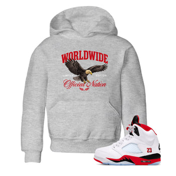 5s Fire Red Sneaker match tees – Sneaker Tees To Match Jordan 5 Retro Fire Red Sneakers – Worldwide Official Nation Kids Graphic T-Shirt Heather Grey 1