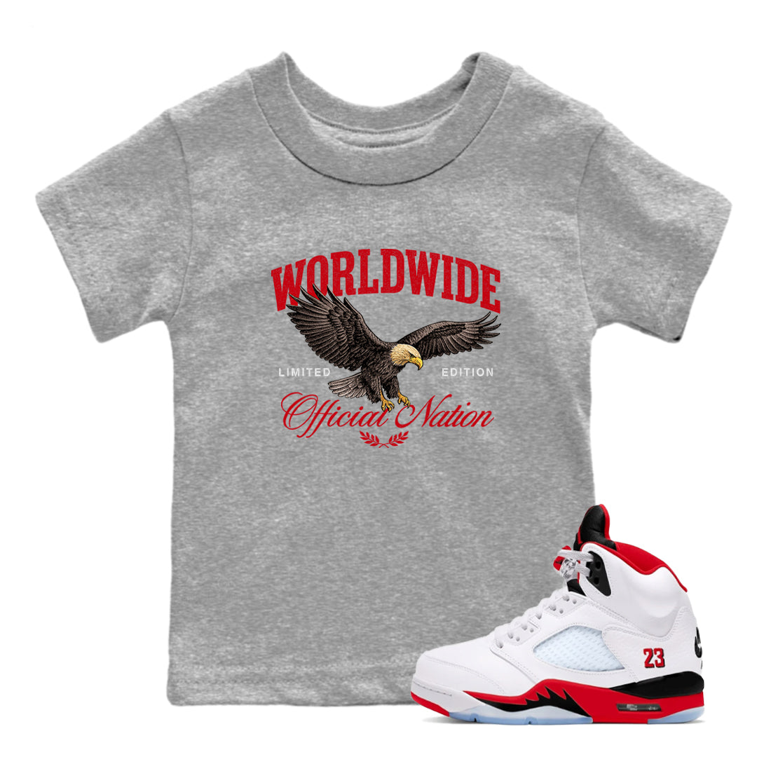 5s Fire Red Sneaker match tees – Sneaker Tees To Match Jordan 5 Retro Fire Red Sneakers – Worldwide Official Nation Kids Graphic T-Shirt Heather Grey 1