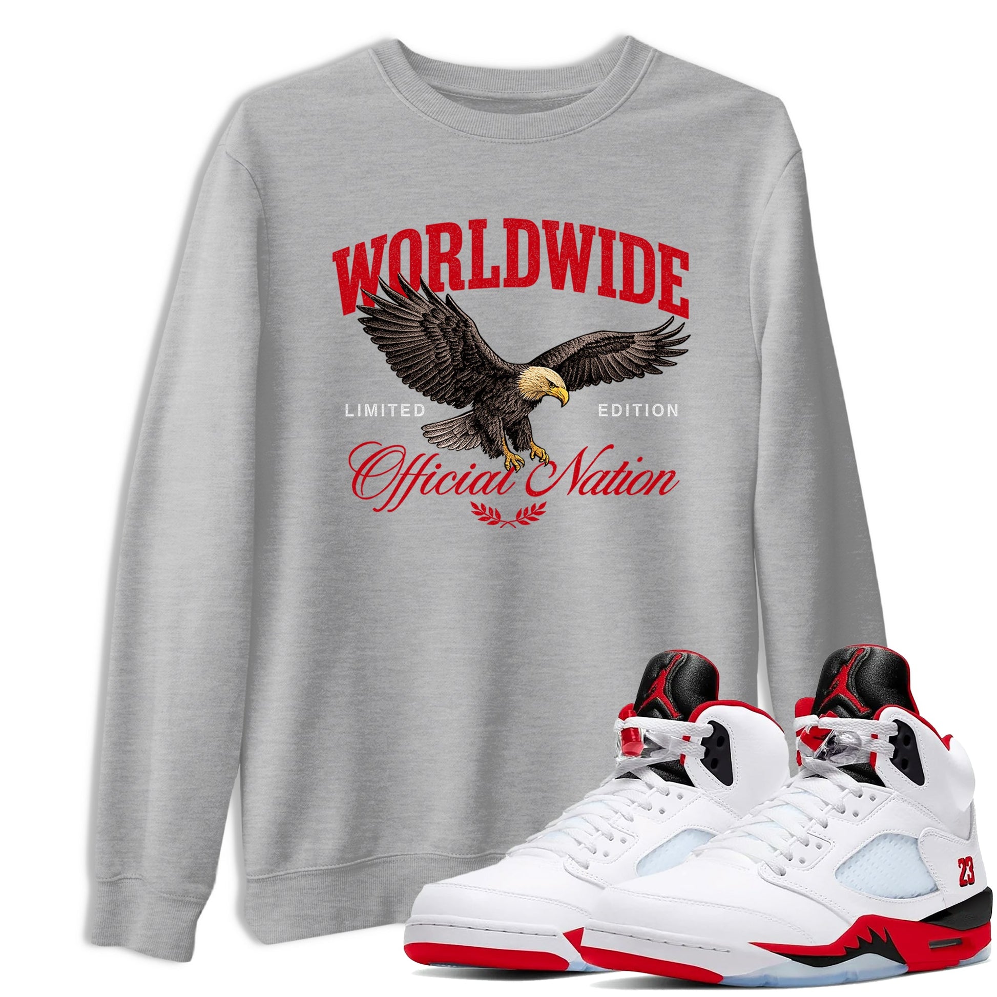 5s Fire Red Sneaker match tees – Sneaker Tees To Match Jordan 5 Retro Fire Red Sneakers – Worldwide Official Nation Graphic Tee Heather Grey 1
