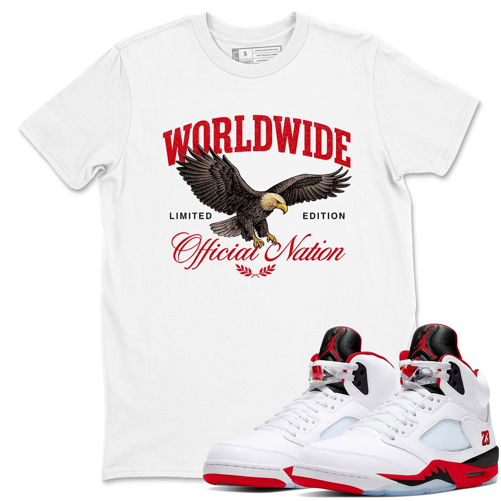 5s Fire Red Sneaker match tees – Sneaker Tees To Match Jordan 5 Retro Fire Red Sneakers – Worldwide Official Nation Graphic Tee White 1