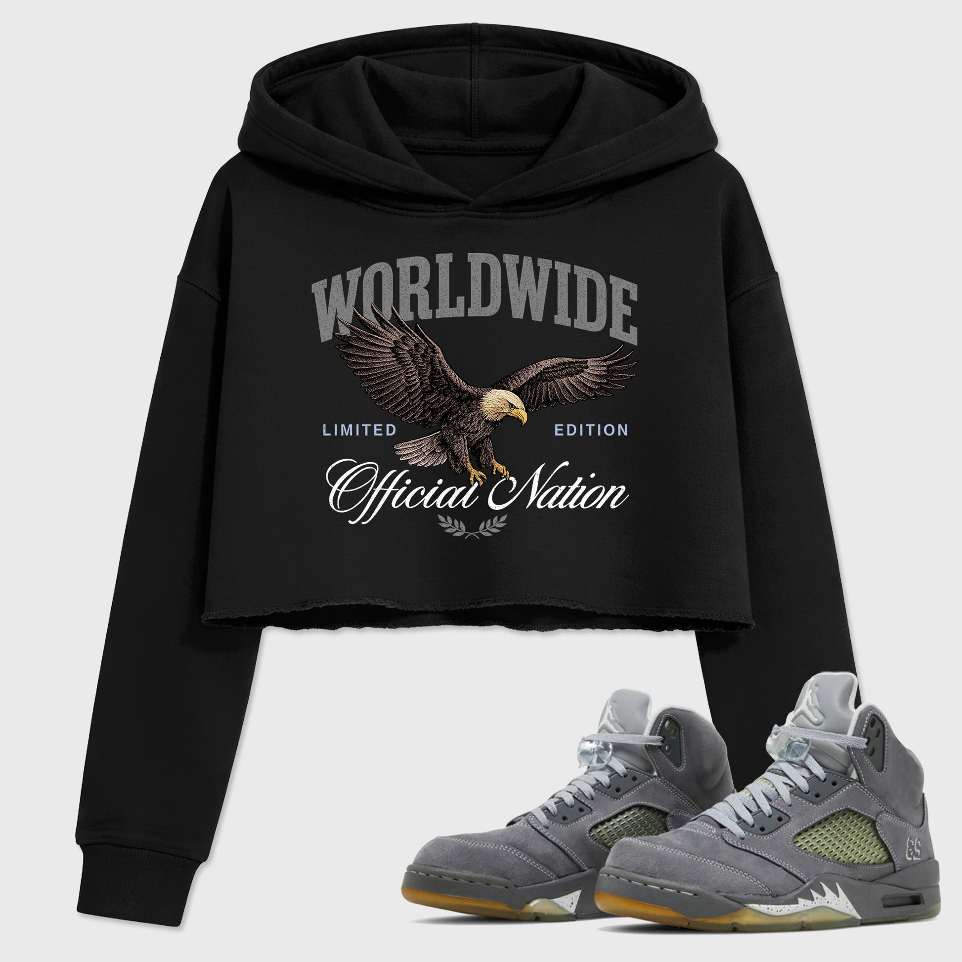 Sneaker outfits graphic tee – Sneaker Tees To Match Air Jordan 5 Wolf Grey Sneakers – Worldwide Official Nation Crop T-Shirt Black 1