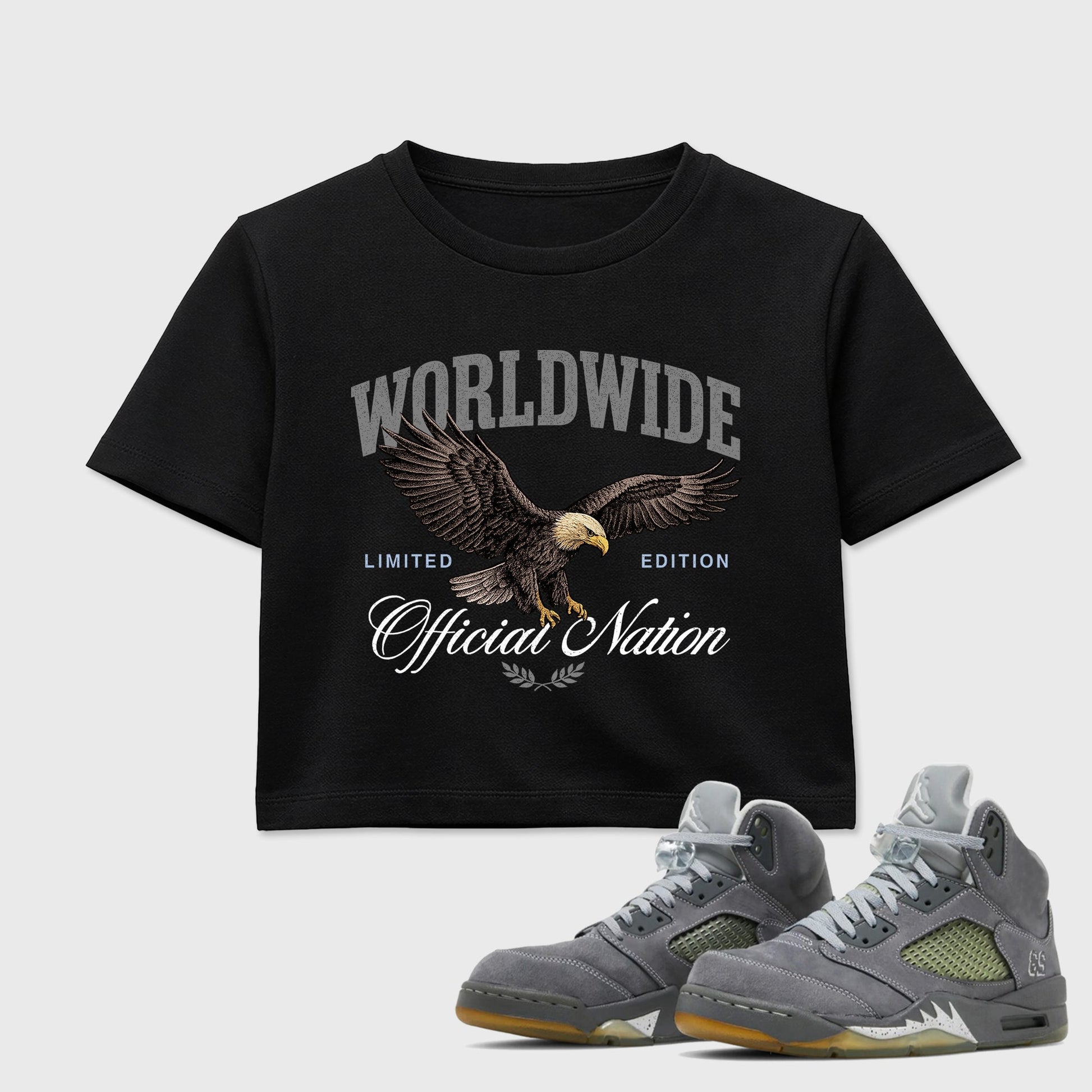 Sneaker outfits graphic tee – Sneaker Tees To Match Air Jordan 5 Wolf Grey Sneakers – Worldwide Official Nation Crop T-Shirt Black 1