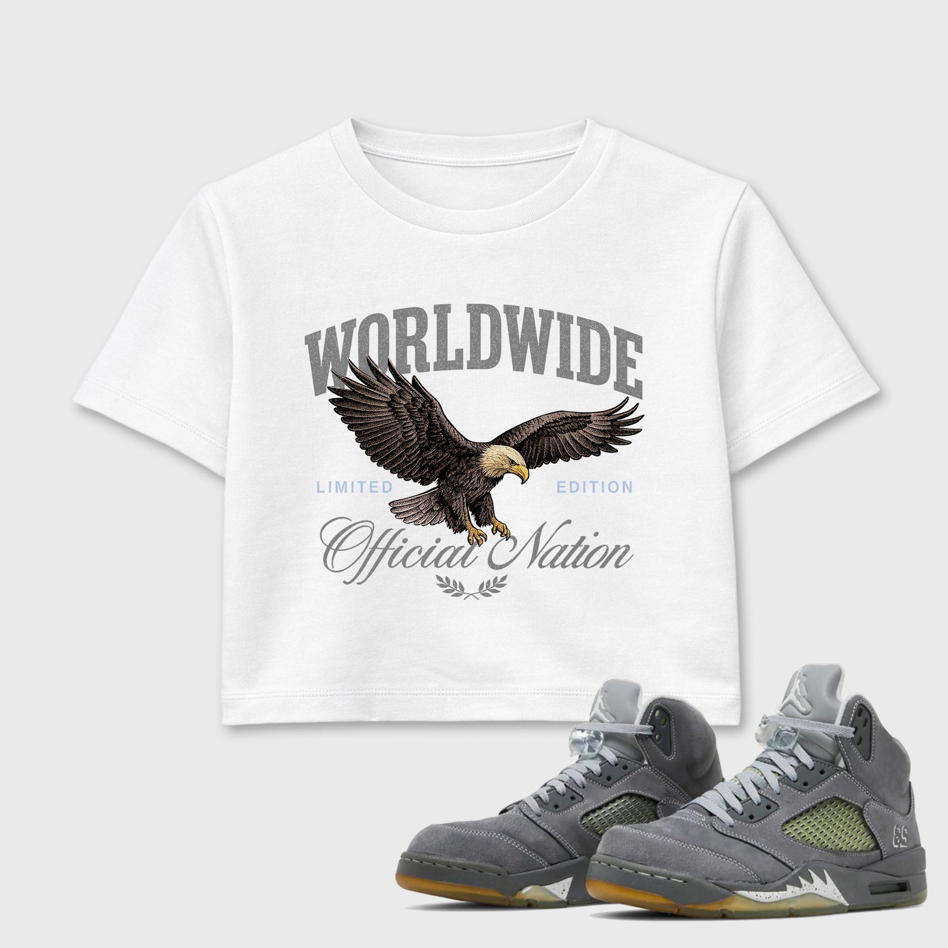 Sneaker outfits graphic tee – Sneaker Tees To Match Air Jordan 5 Wolf Grey Sneakers – Worldwide Official Nation Crop T-Shirt White 1