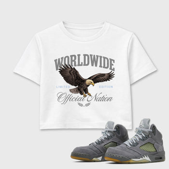 Sneaker outfits graphic tee – Sneaker Tees To Match Air Jordan 5 Wolf Grey Sneakers – Worldwide Official Nation Crop T-Shirt White 1