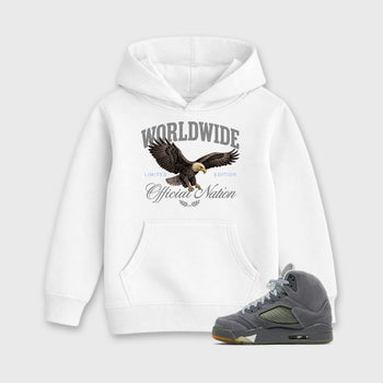 Sneaker outfits graphic tee – Sneaker Tees To Match Air Jordan 5 Wolf Grey Sneakers – Worldwide Official Nation Kids T-Shirt White 1