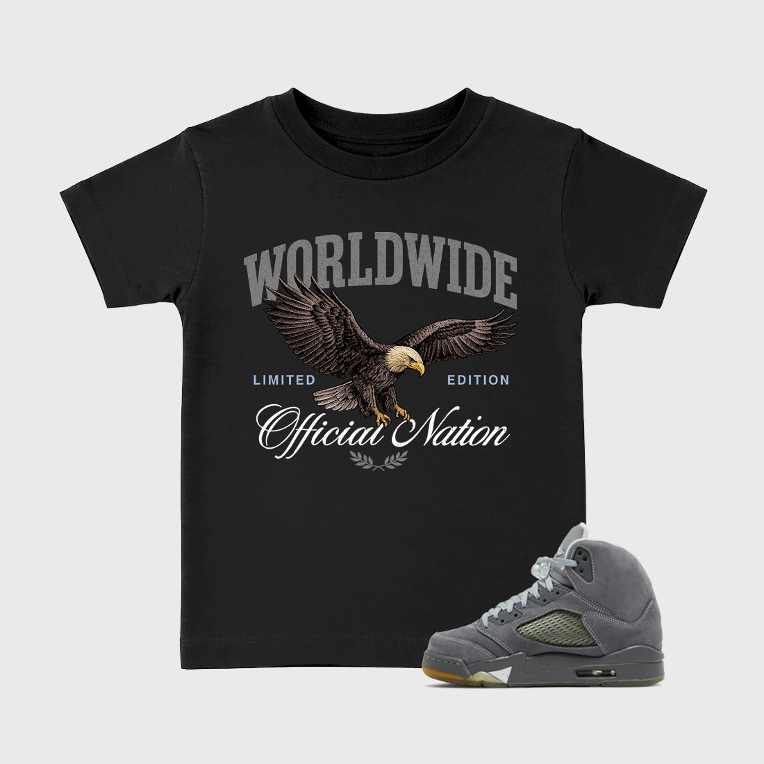 Sneaker outfits graphic tee – Sneaker Tees To Match Air Jordan 5 Wolf Grey Sneakers – Worldwide Official Nation Kids T-Shirt Black 1