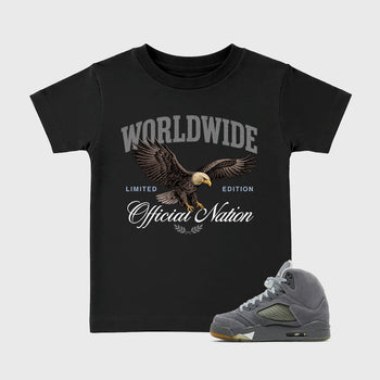 Sneaker outfits graphic tee – Sneaker Tees To Match Air Jordan 5 Wolf Grey Sneakers – Worldwide Official Nation Kids T-Shirt Black 1