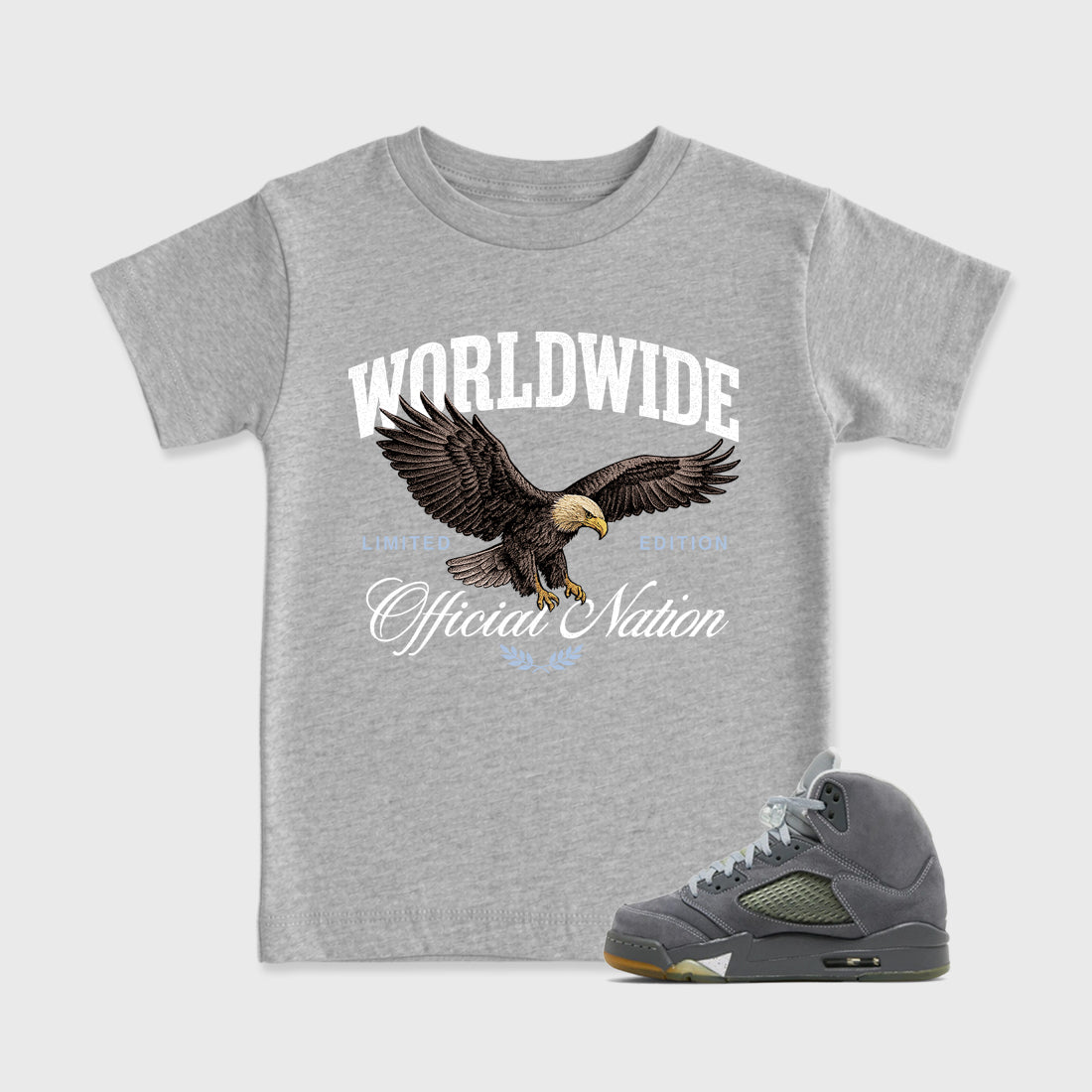 Sneaker outfits graphic tee – Sneaker Tees To Match Air Jordan 5 Wolf Grey Sneakers – Worldwide Official Nation Kids T-Shirt Heather Grey 1
