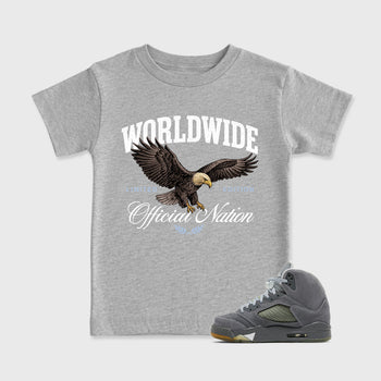 Sneaker outfits graphic tee – Sneaker Tees To Match Air Jordan 5 Wolf Grey Sneakers – Worldwide Official Nation Kids T-Shirt Heather Grey 1
