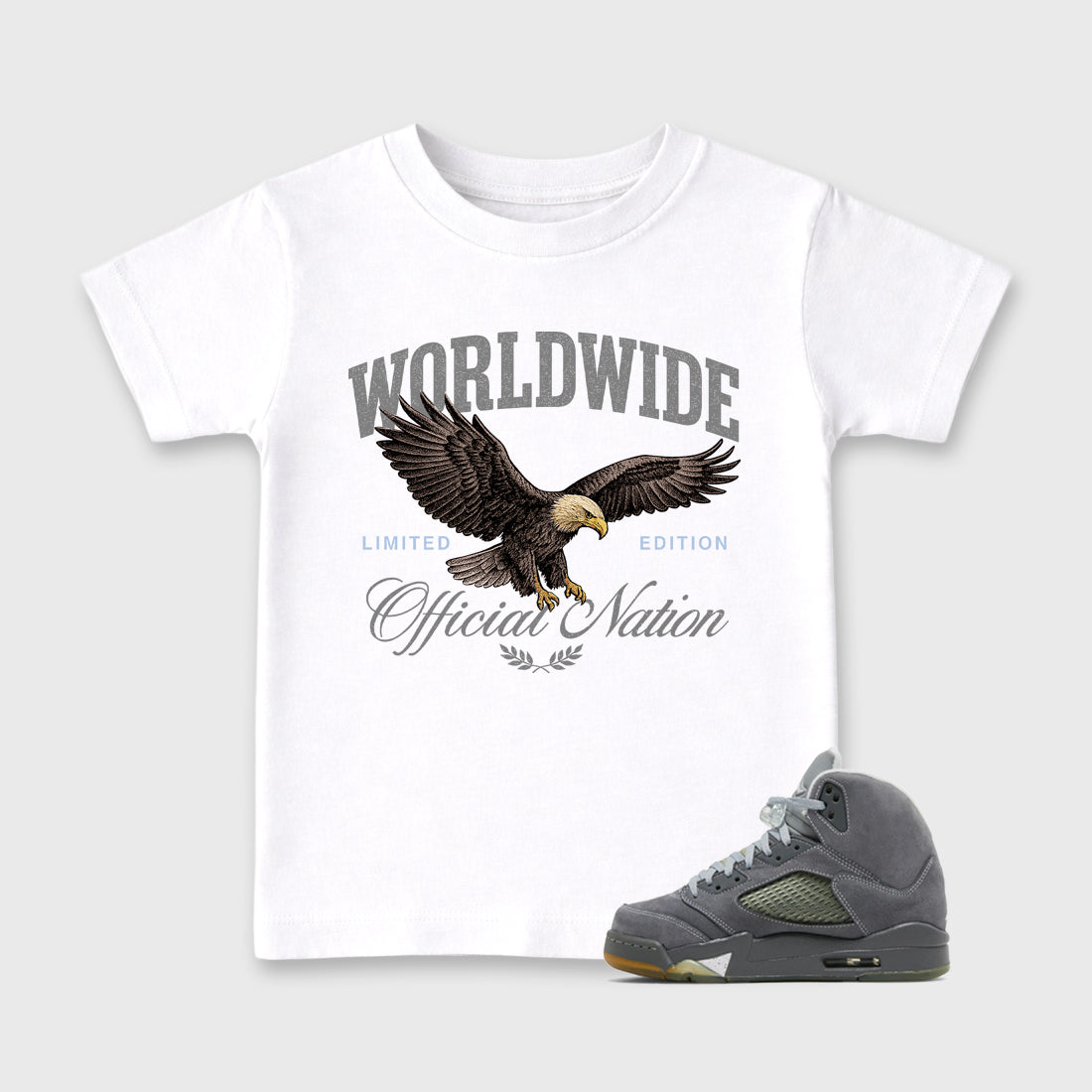 Sneaker outfits graphic tee – Sneaker Tees To Match Air Jordan 5 Wolf Grey Sneakers – Worldwide Official Nation Kids T-Shirt White 1