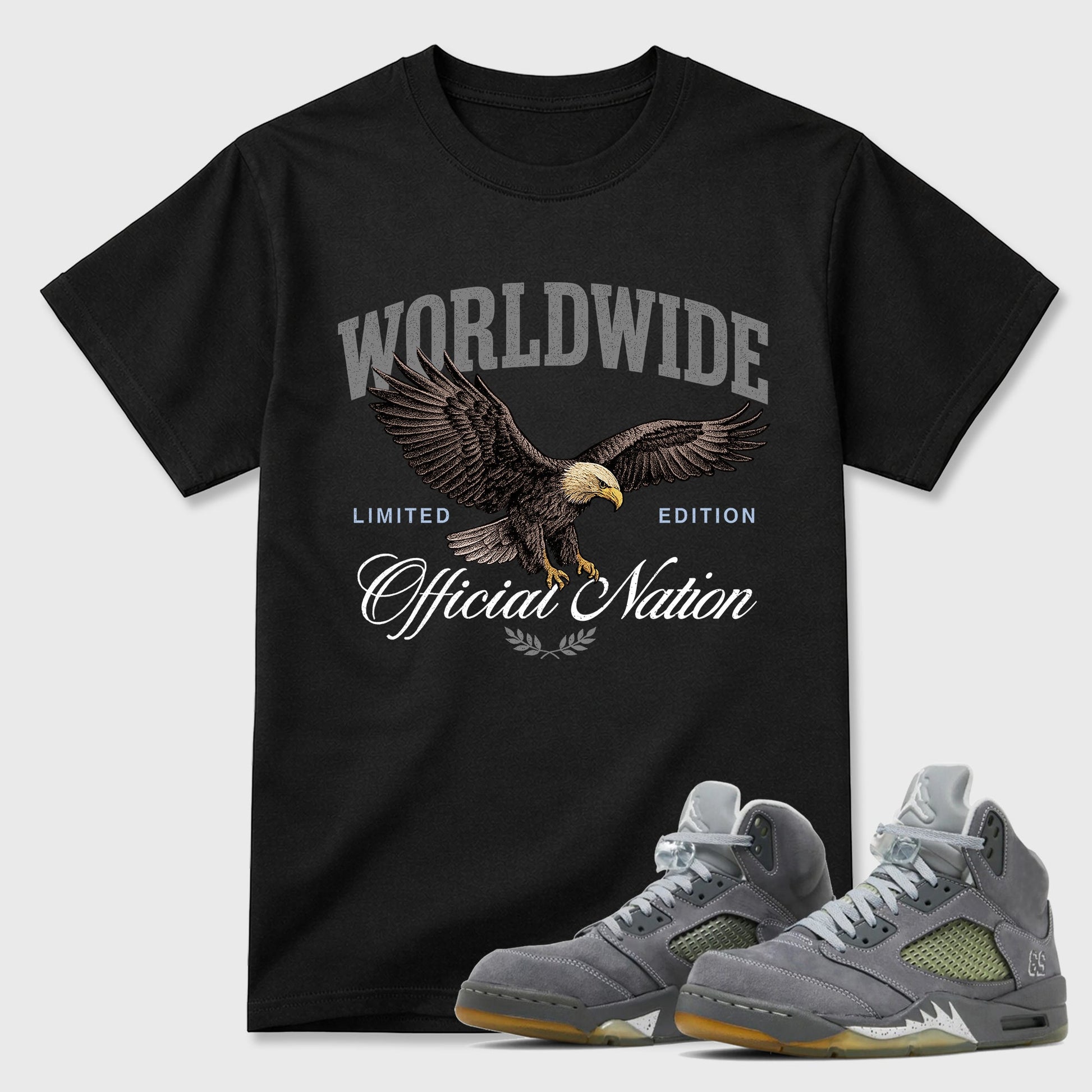 Sneaker outfits graphic tee – Sneaker Tees To Match Air Jordan 5 Wolf Grey Sneakers – Worldwide Official Nation Tee Black 1