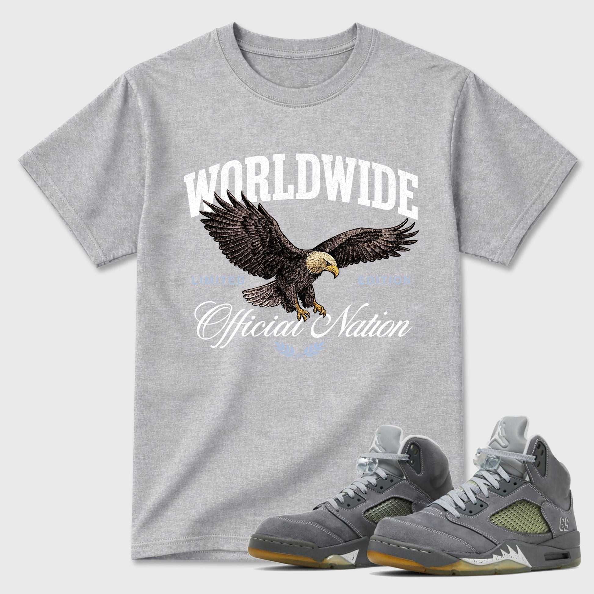 Sneaker outfits graphic tee – Sneaker Tees To Match Air Jordan 5 Wolf Grey Sneakers – Worldwide Official Nation Tee Heather Grey 1