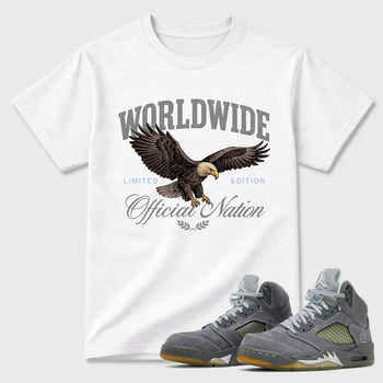 Sneaker outfits graphic tee – Sneaker Tees To Match Air Jordan 5 Wolf Grey Sneakers – Worldwide Official Nation Tee White 1