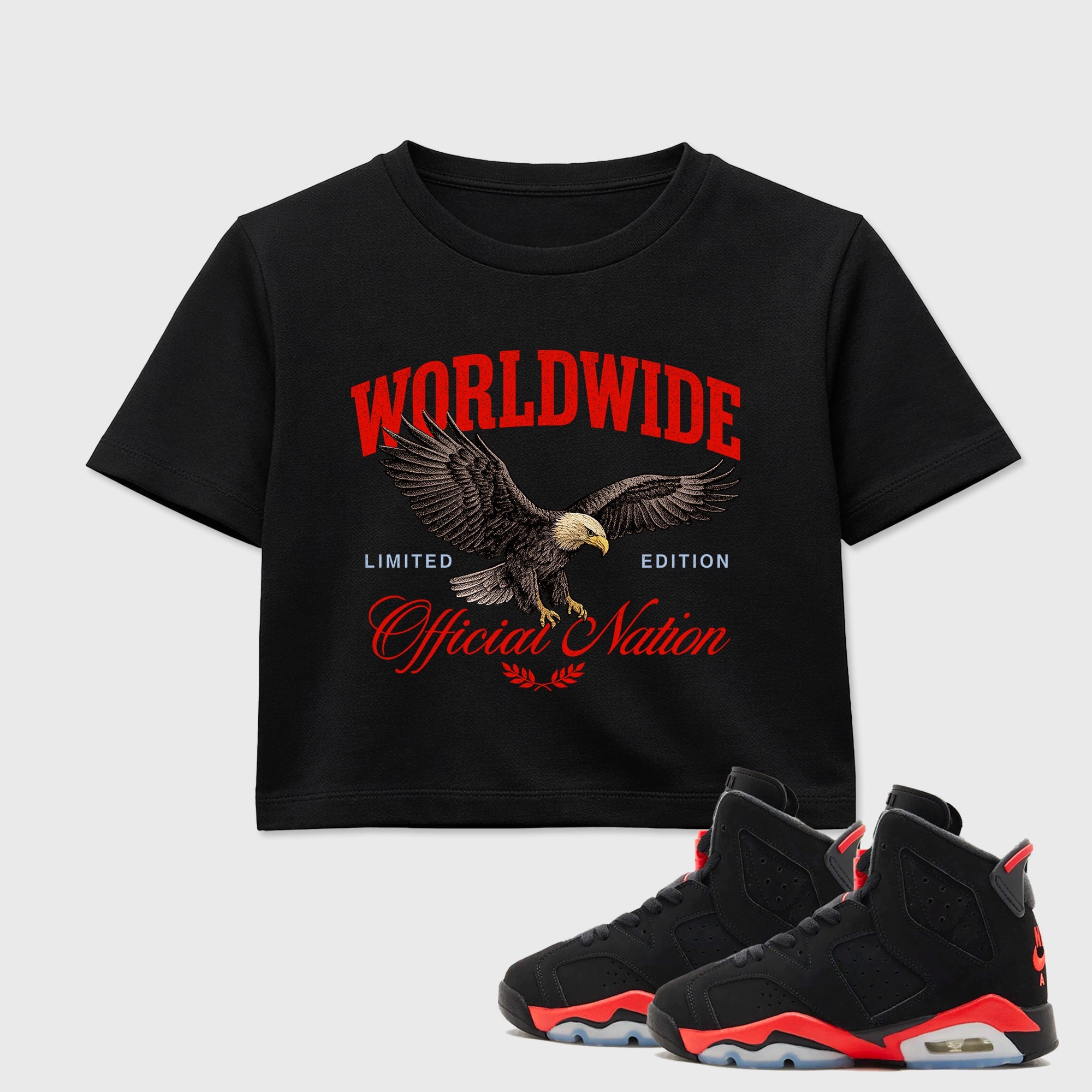 Sneaker outfits graphic tee – Sneaker Tees To Match Air Jordan 6 Infrared Sneakers – Worldwide Official Nation Crop T-Shirt Black 1