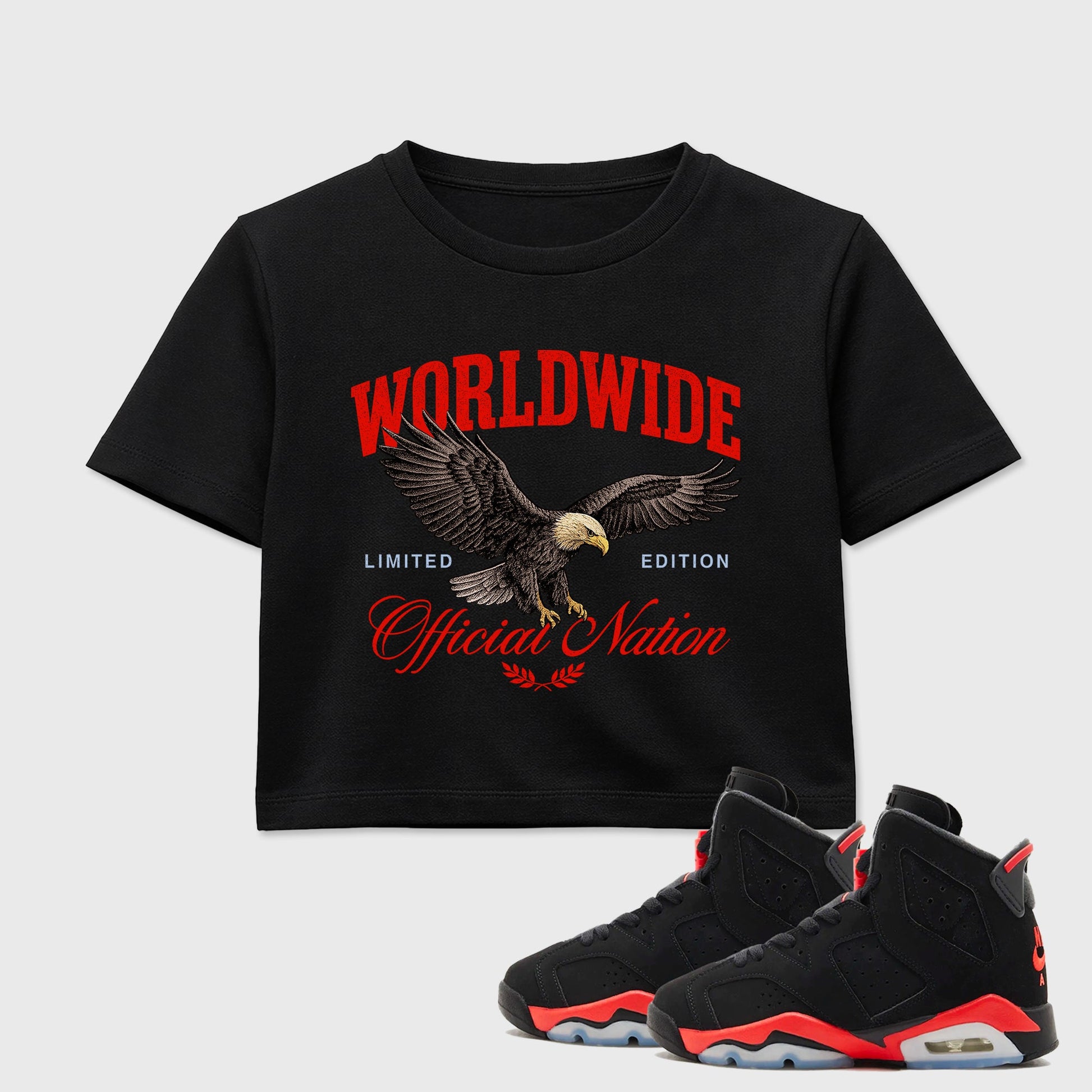 Sneaker outfits graphic tee – Sneaker Tees To Match Air Jordan 6 Infrared Sneakers – Worldwide Official Nation Crop T-Shirt Black 1