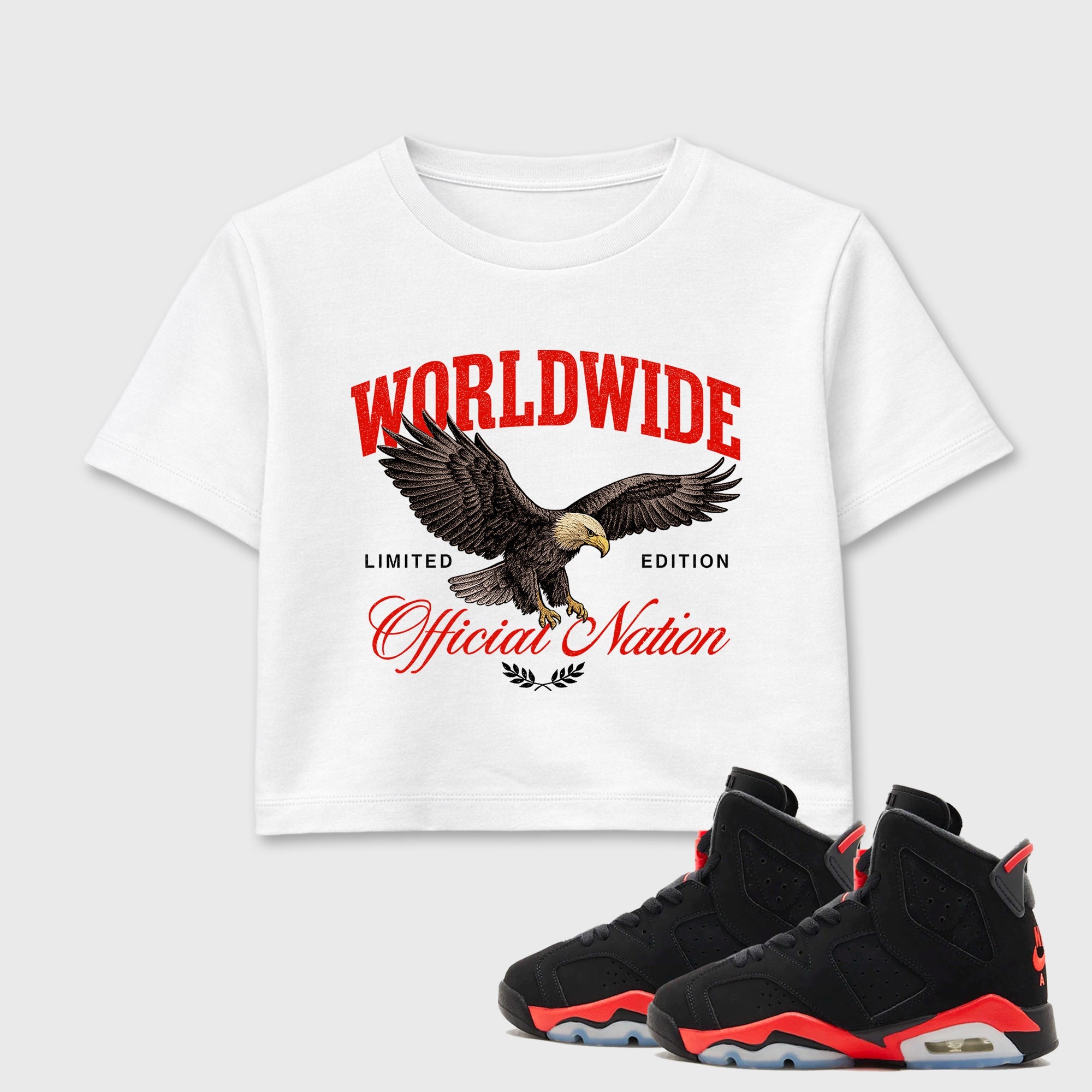 Sneaker outfits graphic tee – Sneaker Tees To Match Air Jordan 6 Infrared Sneakers – Worldwide Official Nation Crop T-Shirt White 1