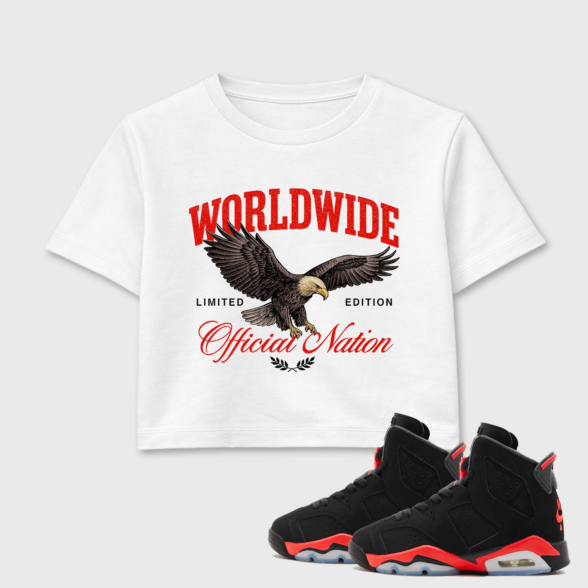Sneaker outfits graphic tee – Sneaker Tees To Match Air Jordan 6 Infrared Sneakers – Worldwide Official Nation Crop T-Shirt White 1