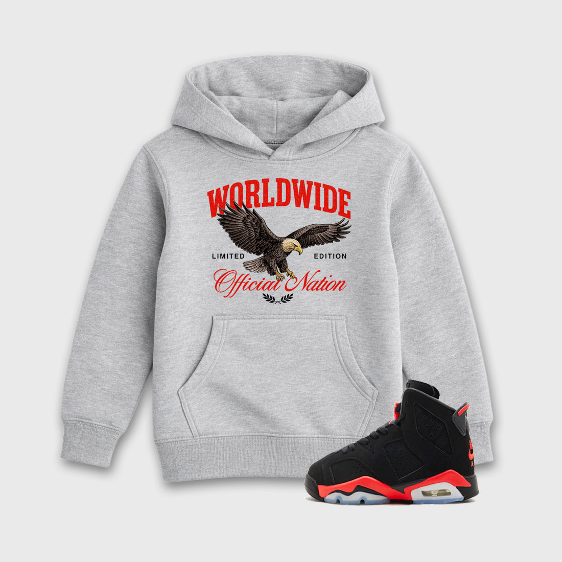 Sneaker outfits graphic tee – Sneaker Tees To Match Air Jordan 6 Infrared Sneakers – Worldwide Official Nation Kids T-Shirt Heather Grey 1