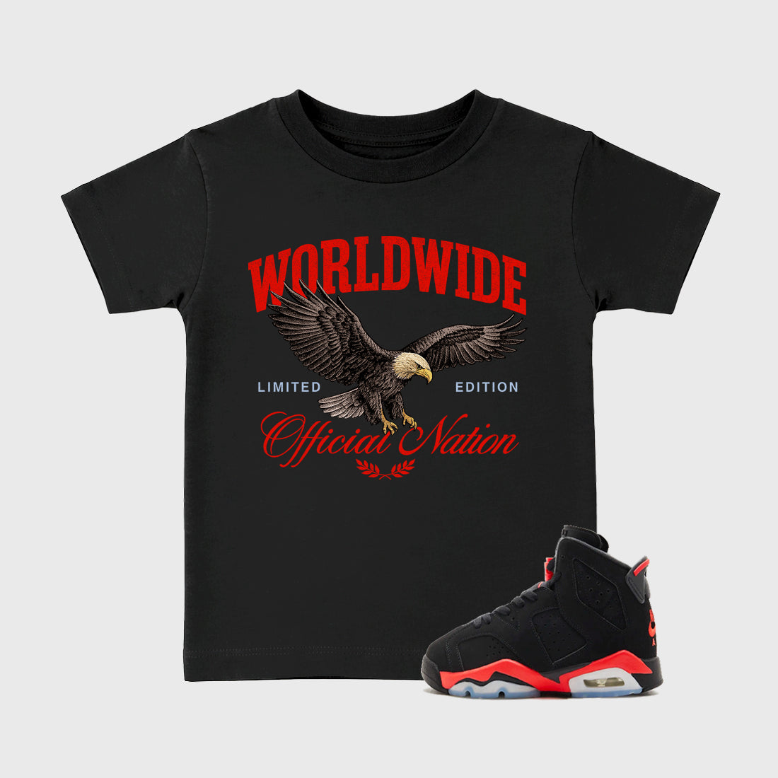 Sneaker outfits graphic tee – Sneaker Tees To Match Air Jordan 6 Infrared Sneakers – Worldwide Official Nation Kids T-Shirt Black 1