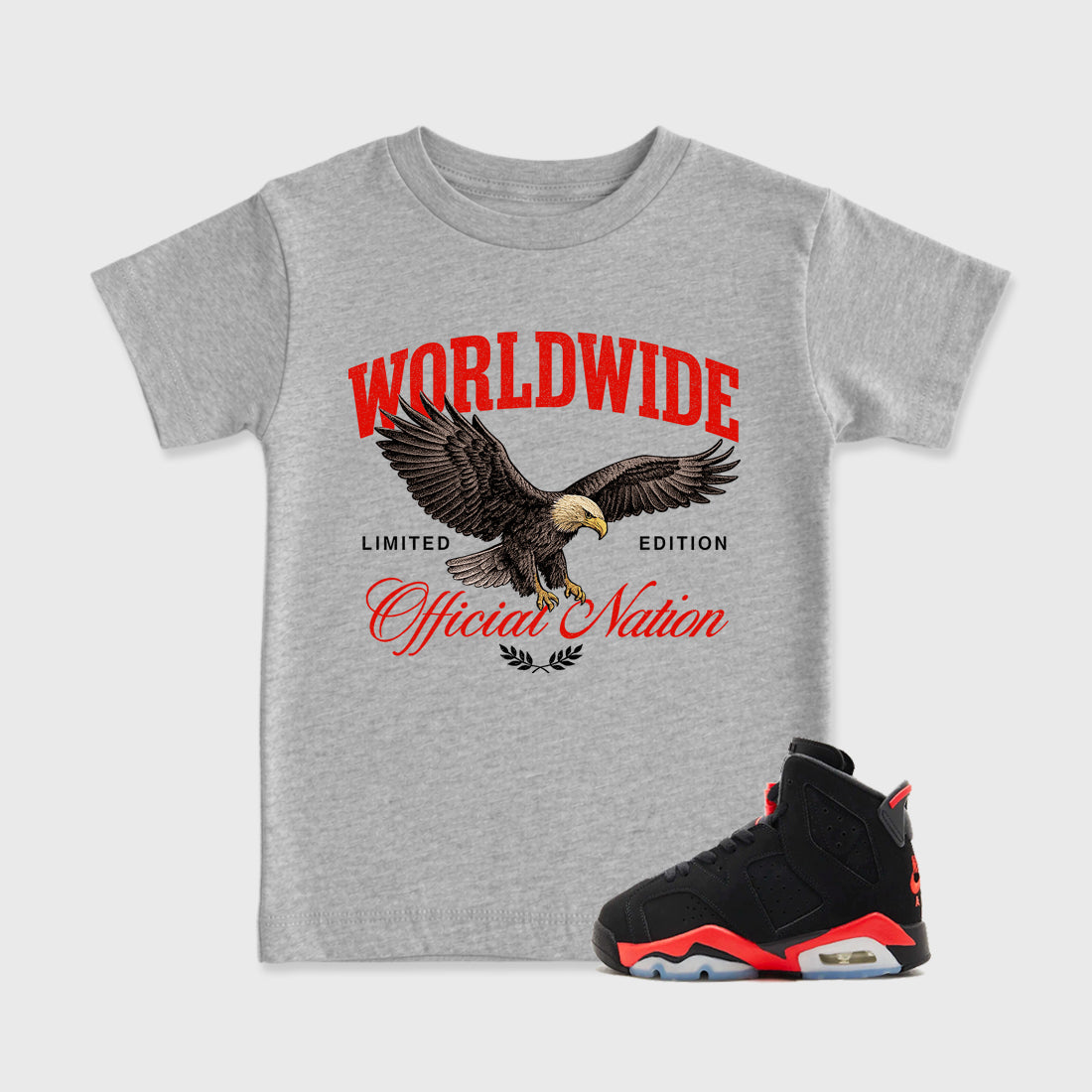 Sneaker outfits graphic tee – Sneaker Tees To Match Air Jordan 6 Infrared Sneakers – Worldwide Official Nation Kids T-Shirt Heather Grey 1