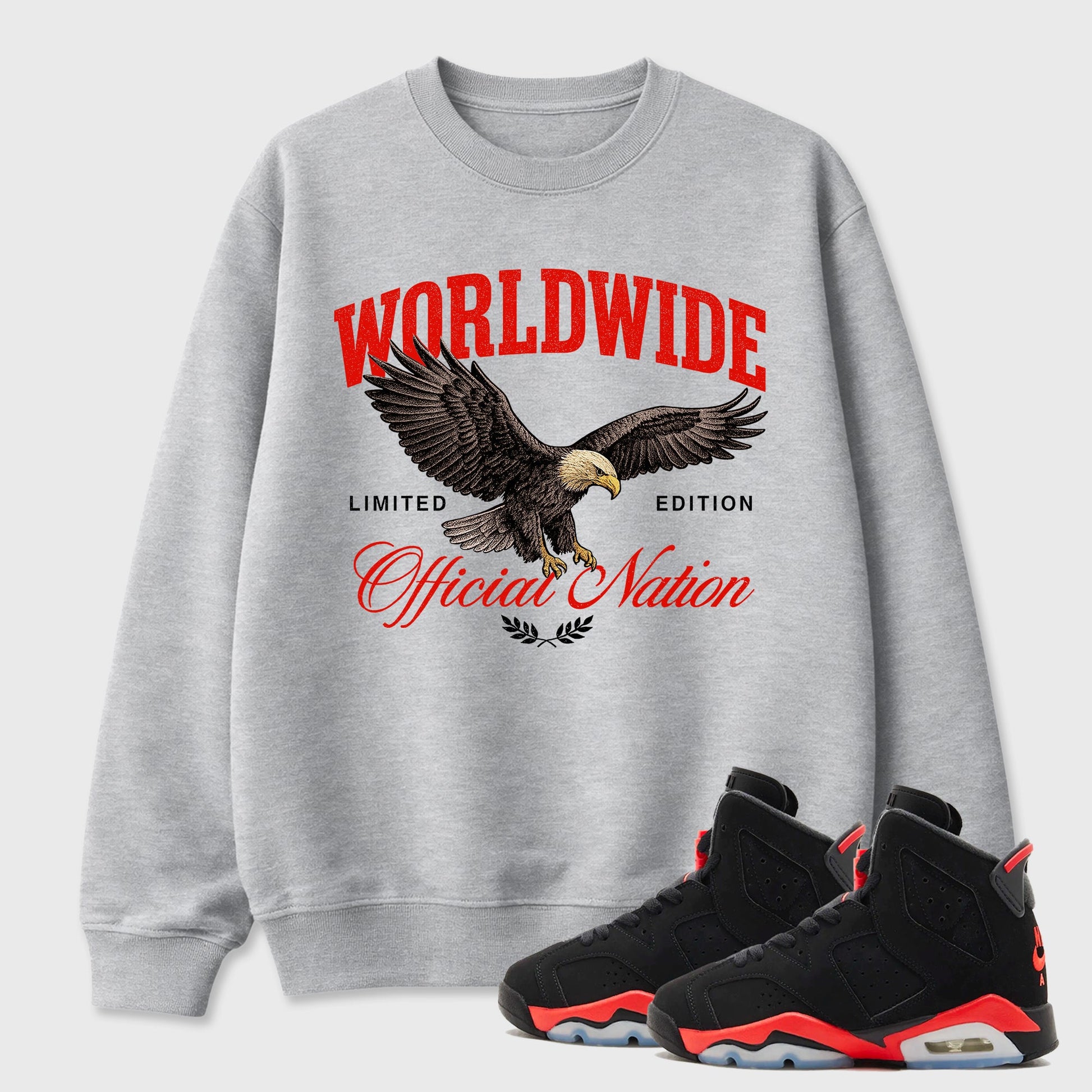 Sneaker outfits graphic tee – Sneaker Tees To Match Air Jordan 6 Infrared Sneakers – Worldwide Official Nation Tee Heather Grey 1